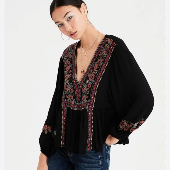 American eagle bohemian blouse top floral embroidery - Picture 2 of 8